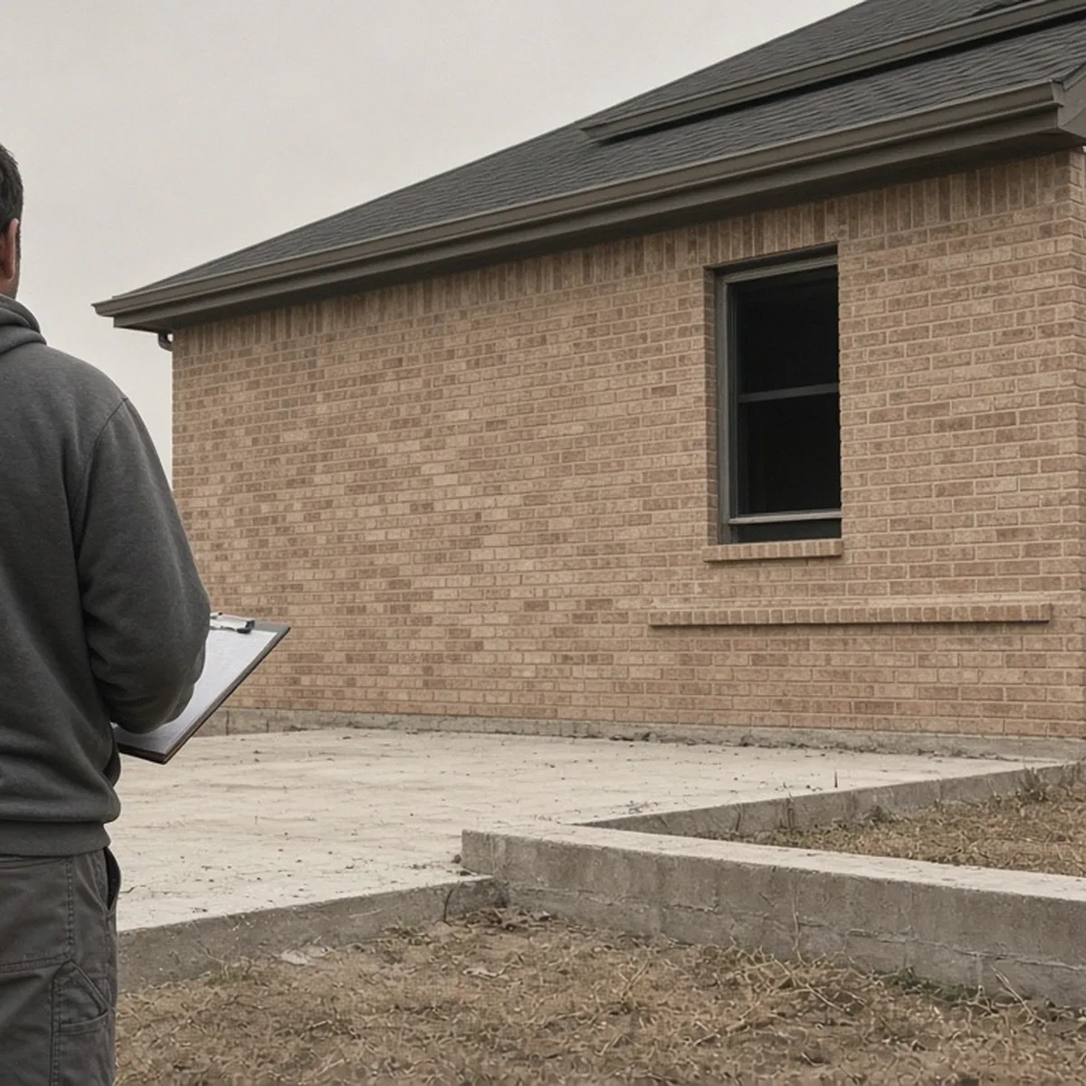Person standing at a house slab edge with a clipboard
