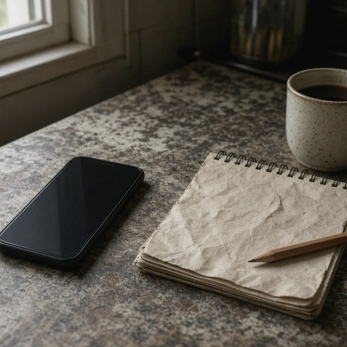Phone and notebook on a kitchen counter