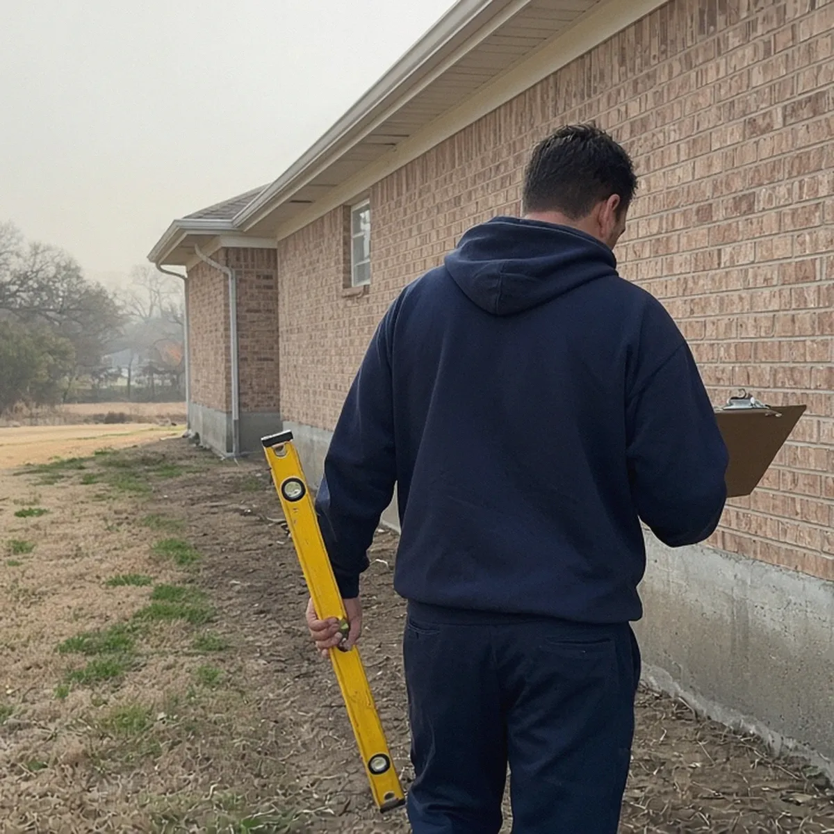 Person with a clipboard and level walking along a brick house