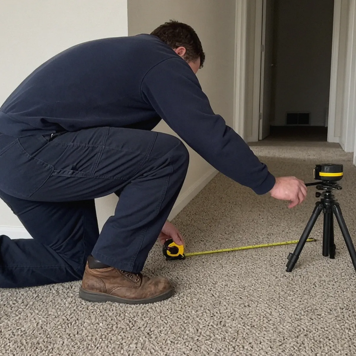 Person reading floor elevations with a laser level in a hallway