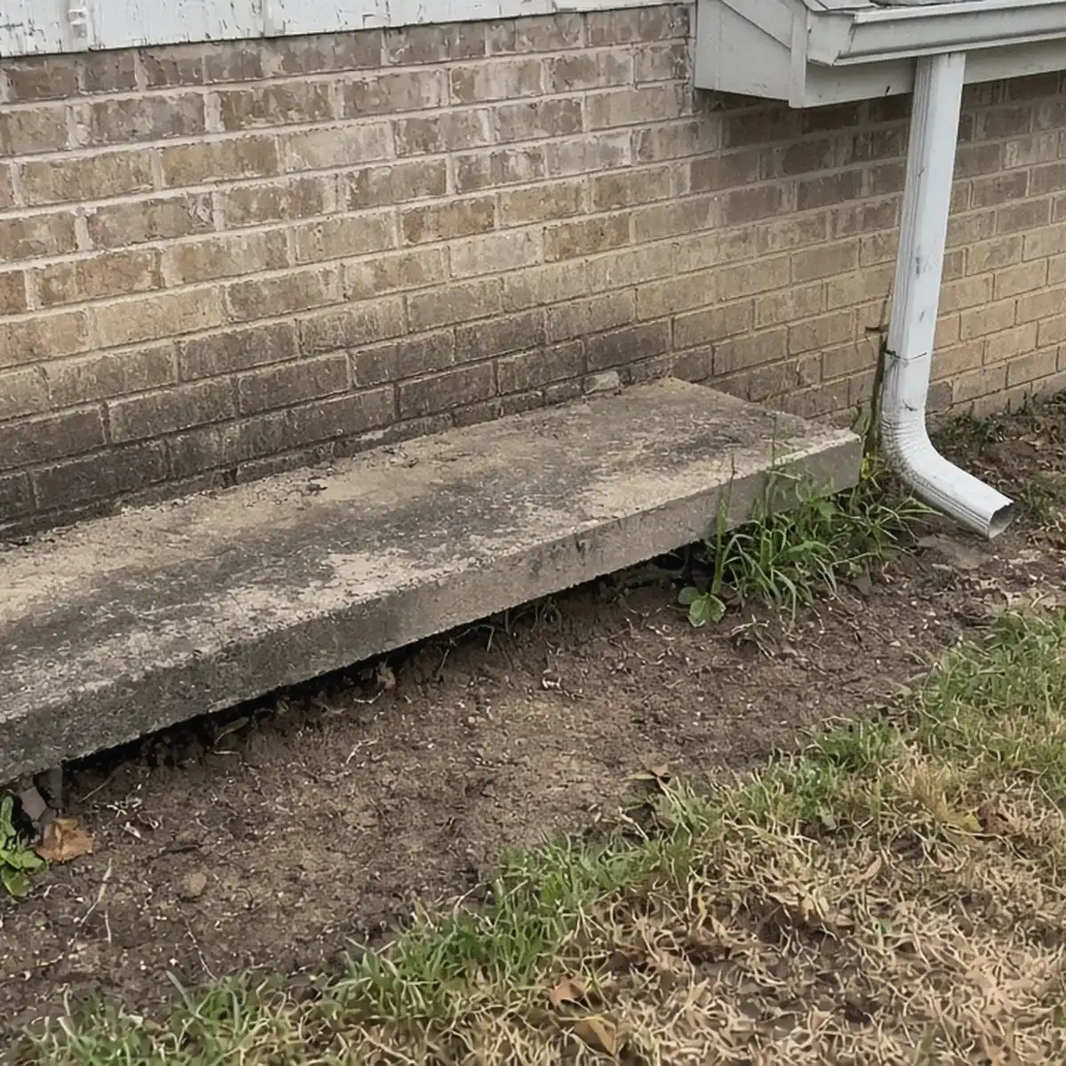 Gap between a concrete slab edge and the soil beside a brick wall