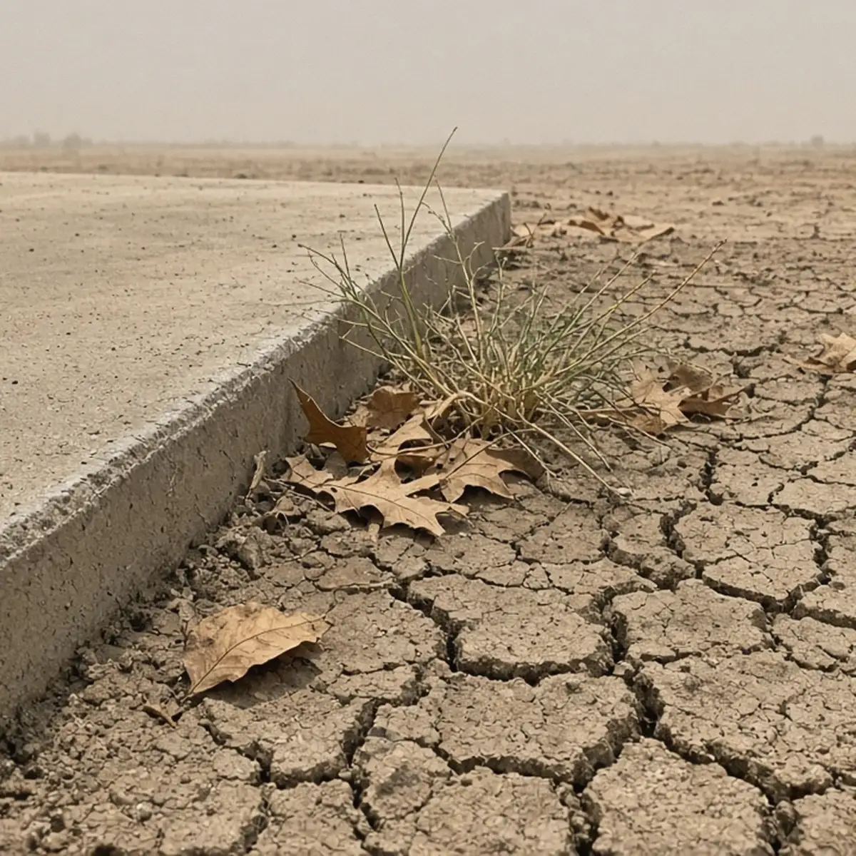 Cracked dry clay soil beside a concrete slab edge