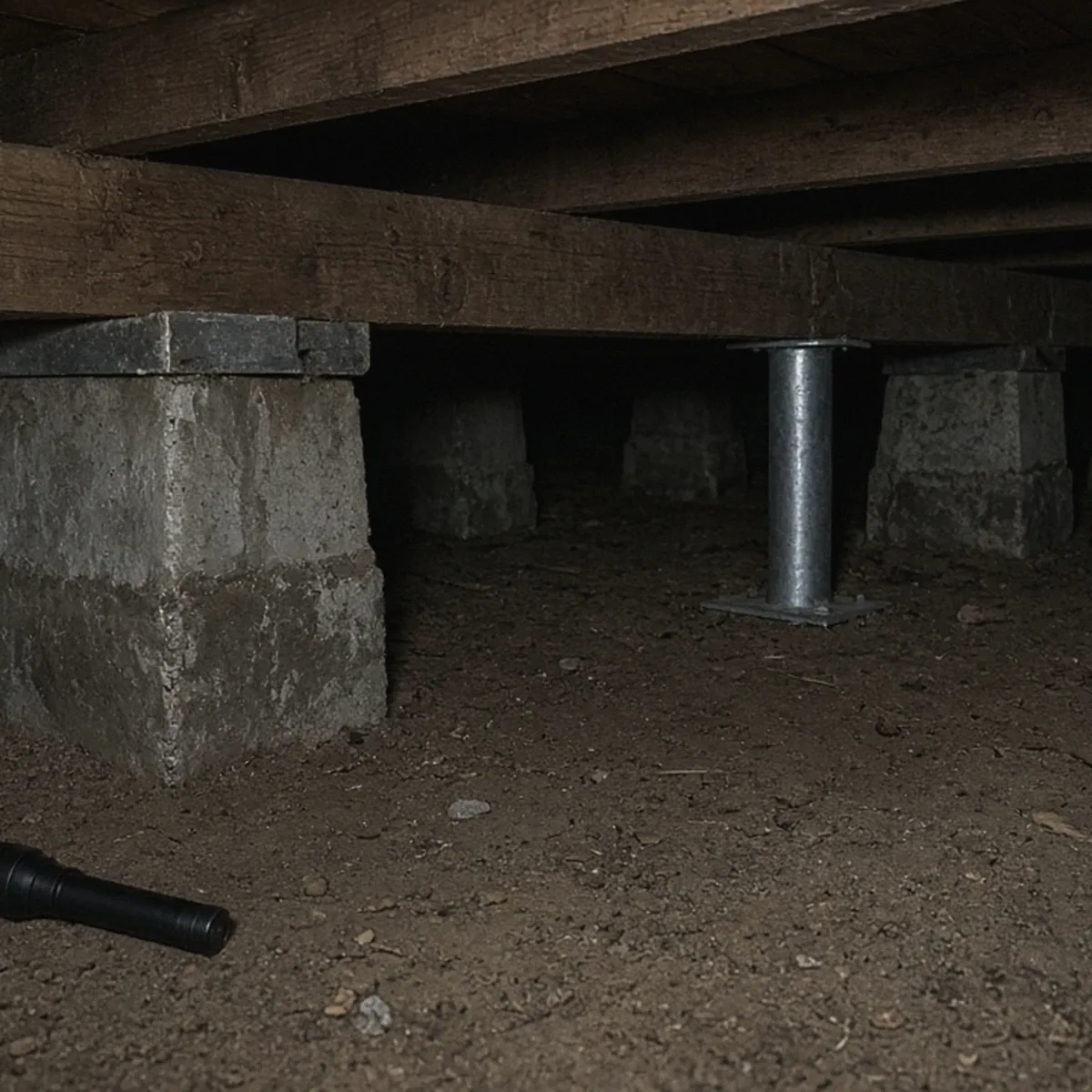 Crawl space with concrete and steel piers under wood beams