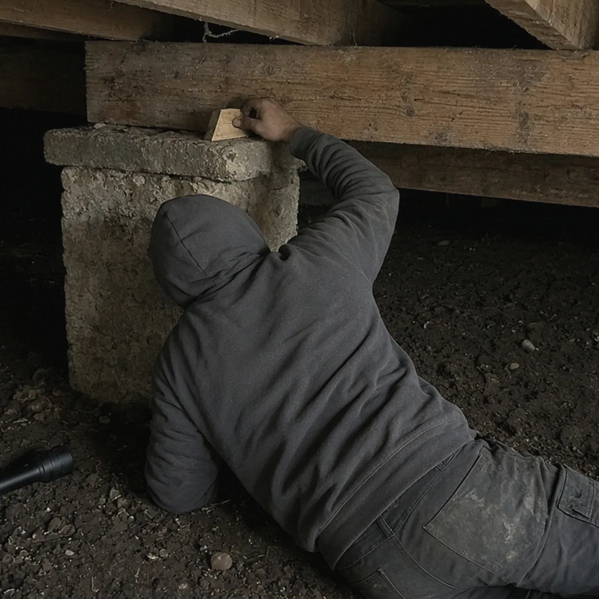 Person setting a shim on a pier cap in a crawl space