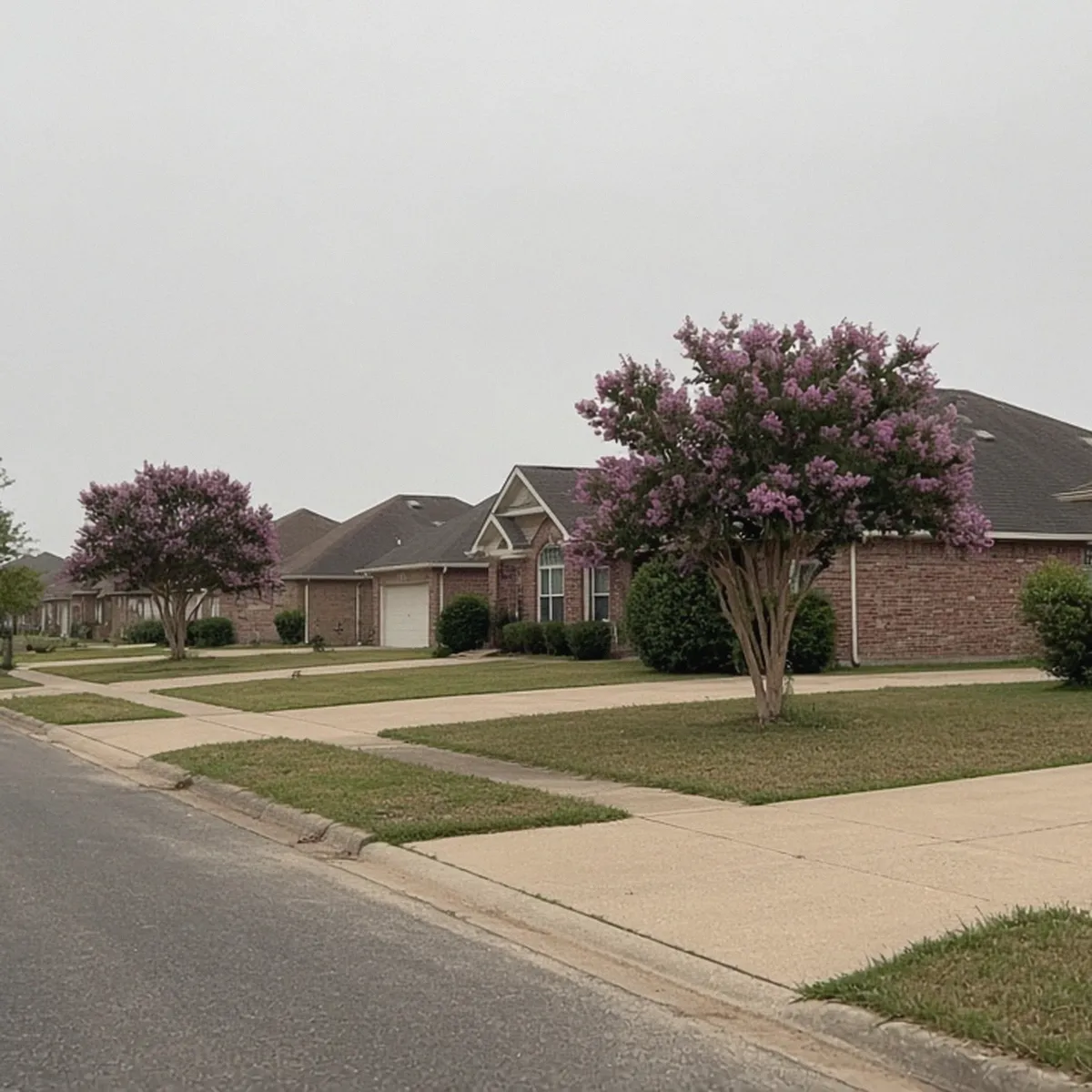 Residential street of brick houses in a North Texas suburb