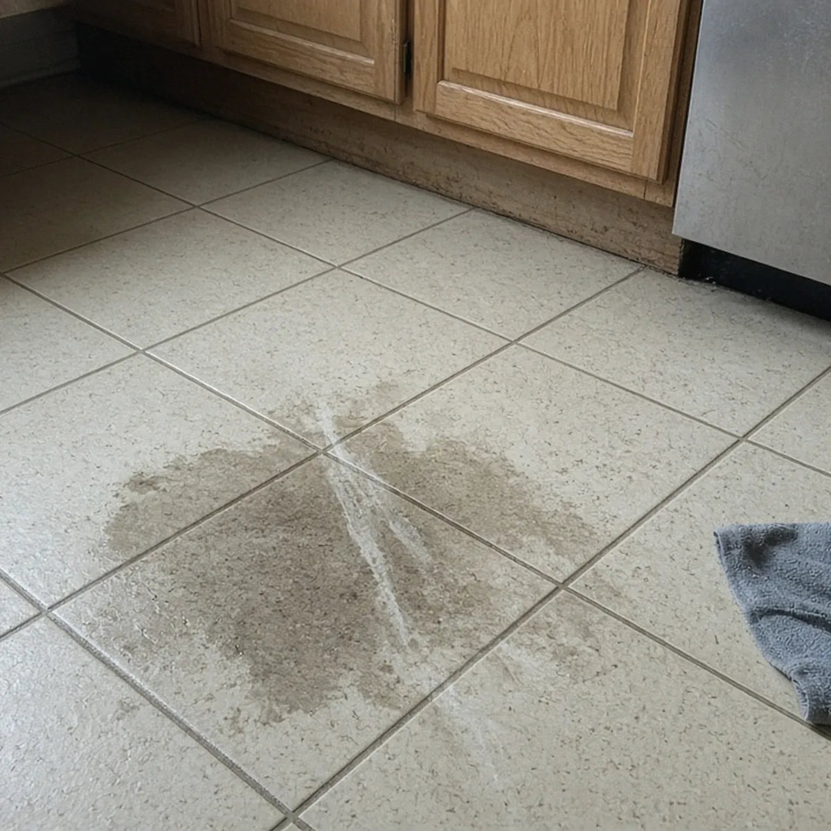 Damp patch on a kitchen tile floor